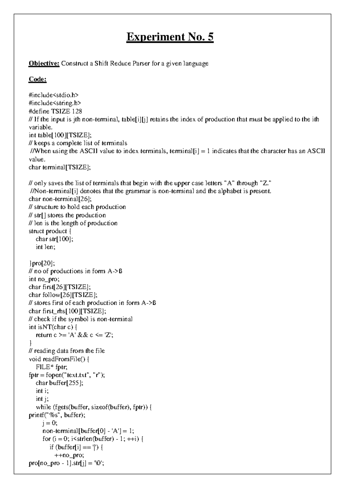 TSIZE 128: Shift Reduce Parser Construction - Experiment No. 5 - Studocu