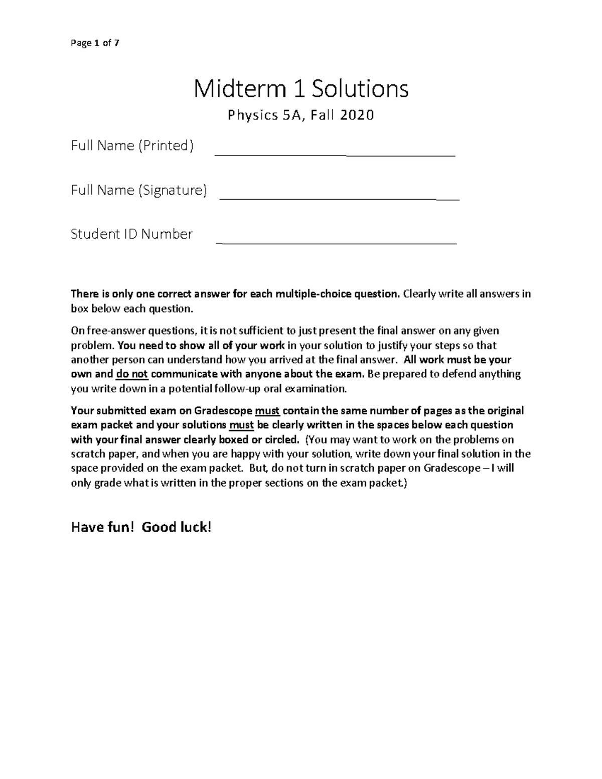 Physics 5A Midterm 1 Solutions - Fall 2020 Exam Answers - Studocu