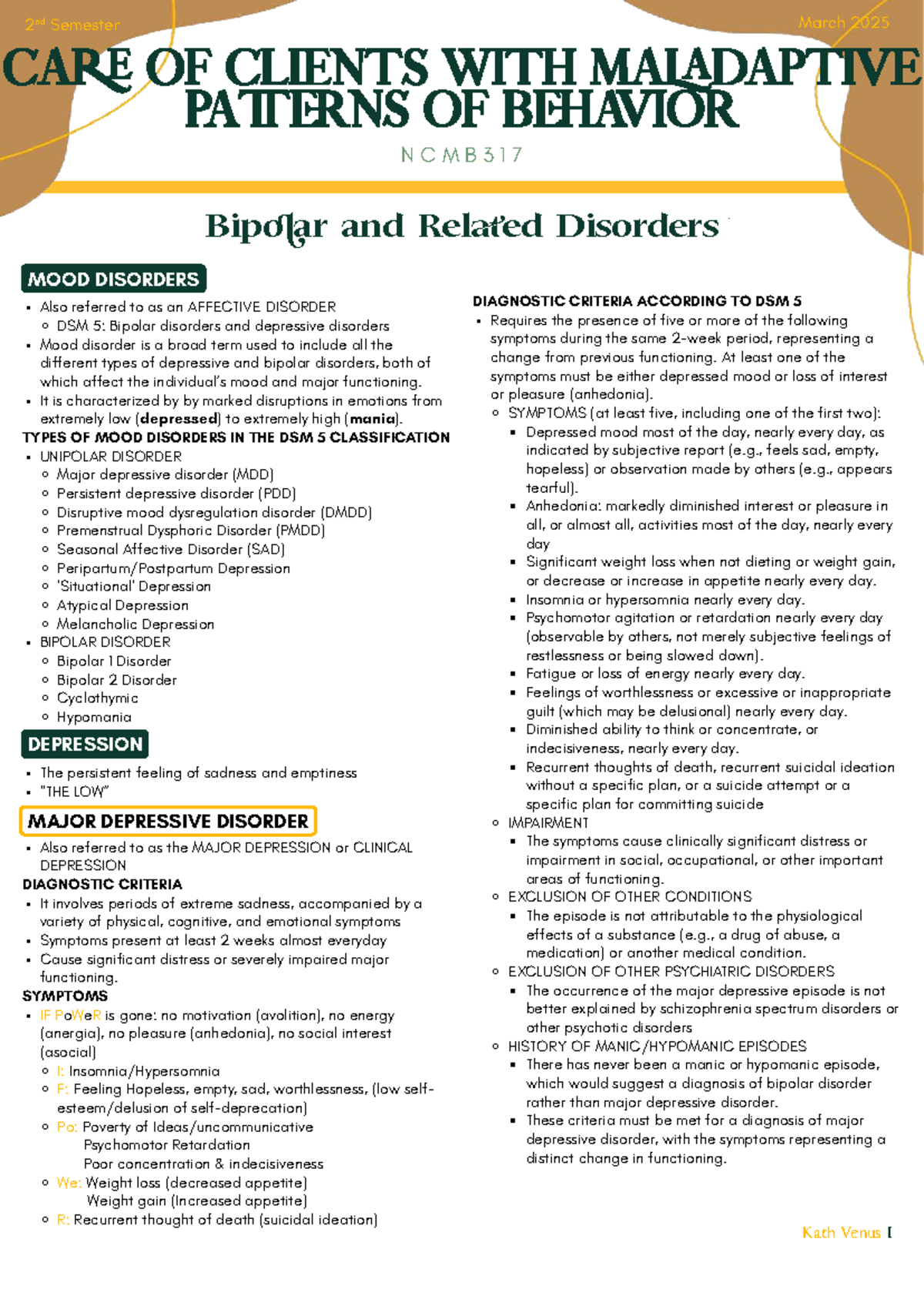 NCMB317 Final Exam Study Notes: Bipolar & Mood Disorders - Studocu