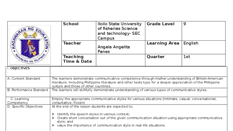 Lesson Plan: Employing Communicative Styles in English (Grade 9) - Studocu