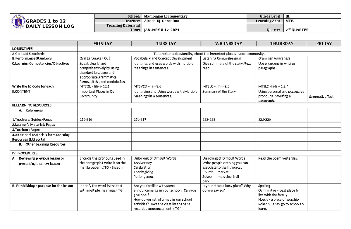 DLL MTB 3 Q2 W8 - it is useful use it - GRADES 1 to 12 DAILY LESSON LOG ...