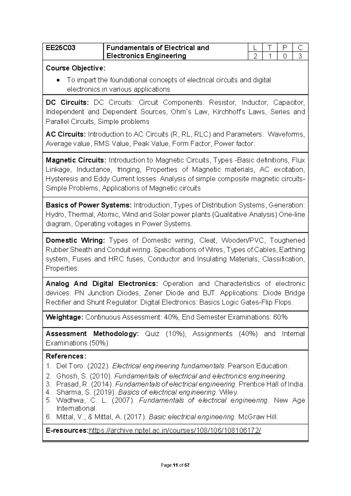 EE25C03 Fundamentals of Electrical & Electronics Engg: Syllabus ...