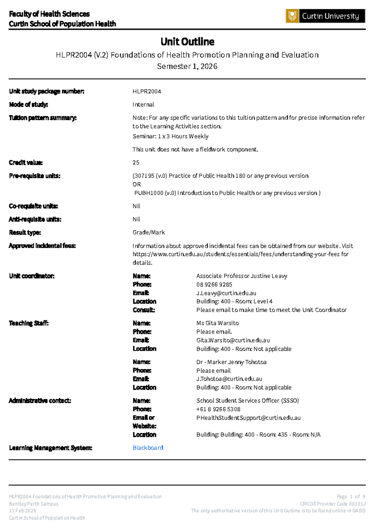 HLPR2004 Unit Outline: Foundations of Health Promotion Planning ...