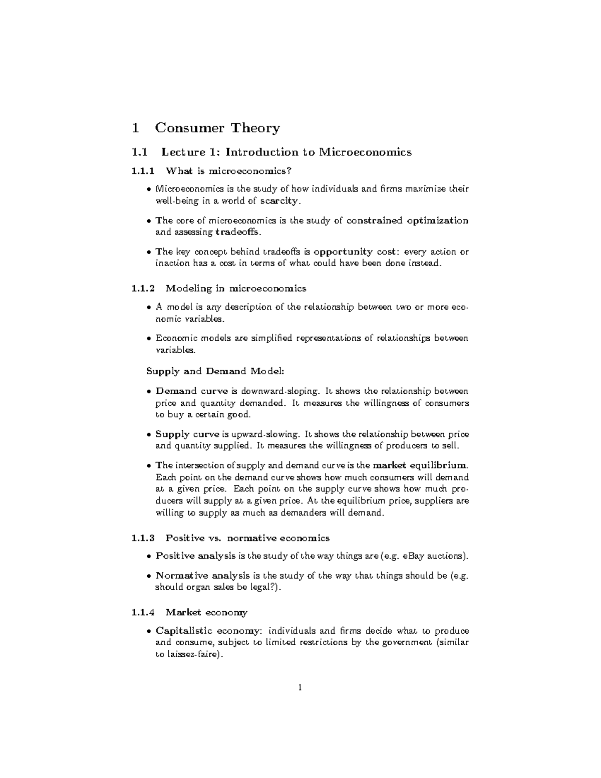 Microeconomics 101: Lecture Notes on Consumer Theory and Market ...