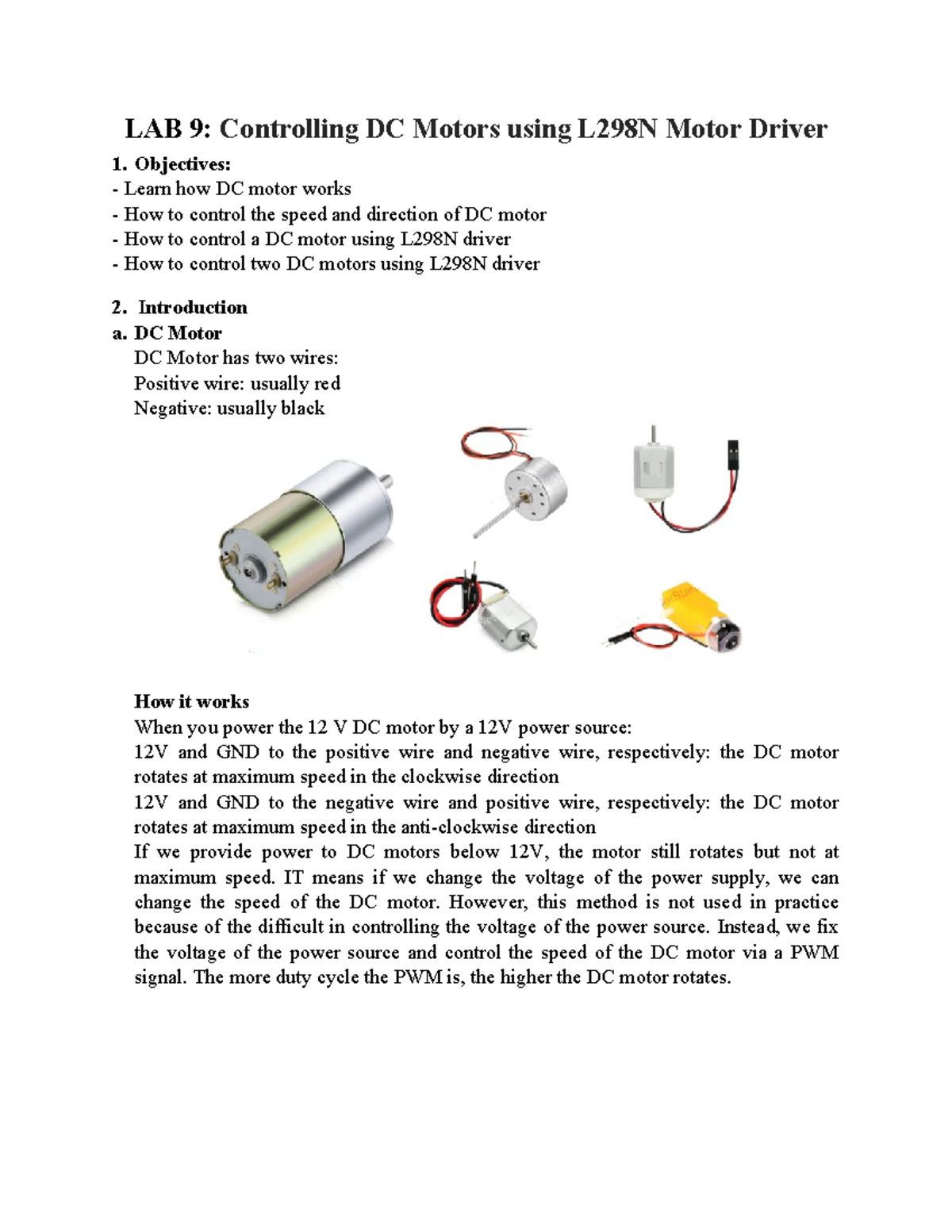 LAB 9: Controlling DC Motors with L298N Driver - Overview & Guide - Studocu