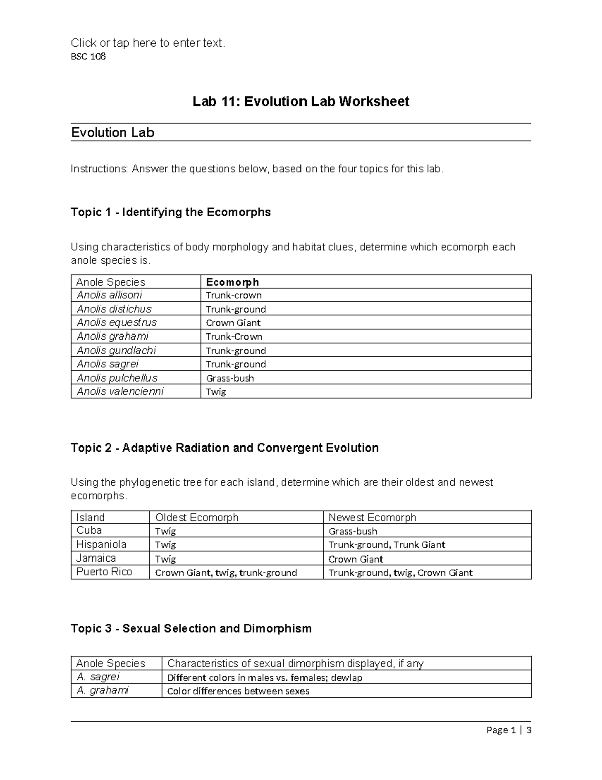 BSC 108 Lab 11: Evolution Worksheet - Ecomorphs & Adaptations - Studocu