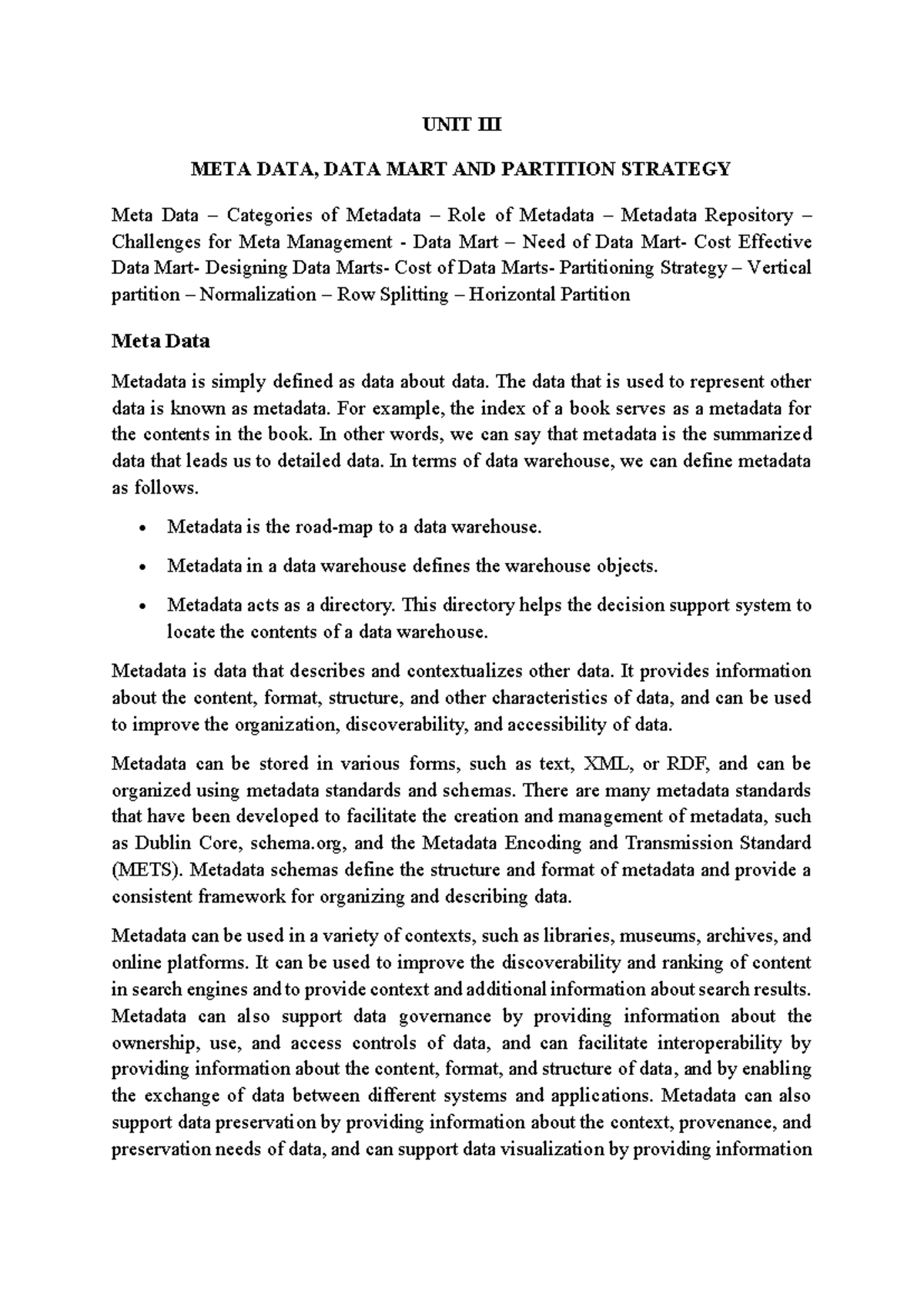 DW Unit III Notes - Metadata & Data Mart Concepts for Sem 5 - Studocu