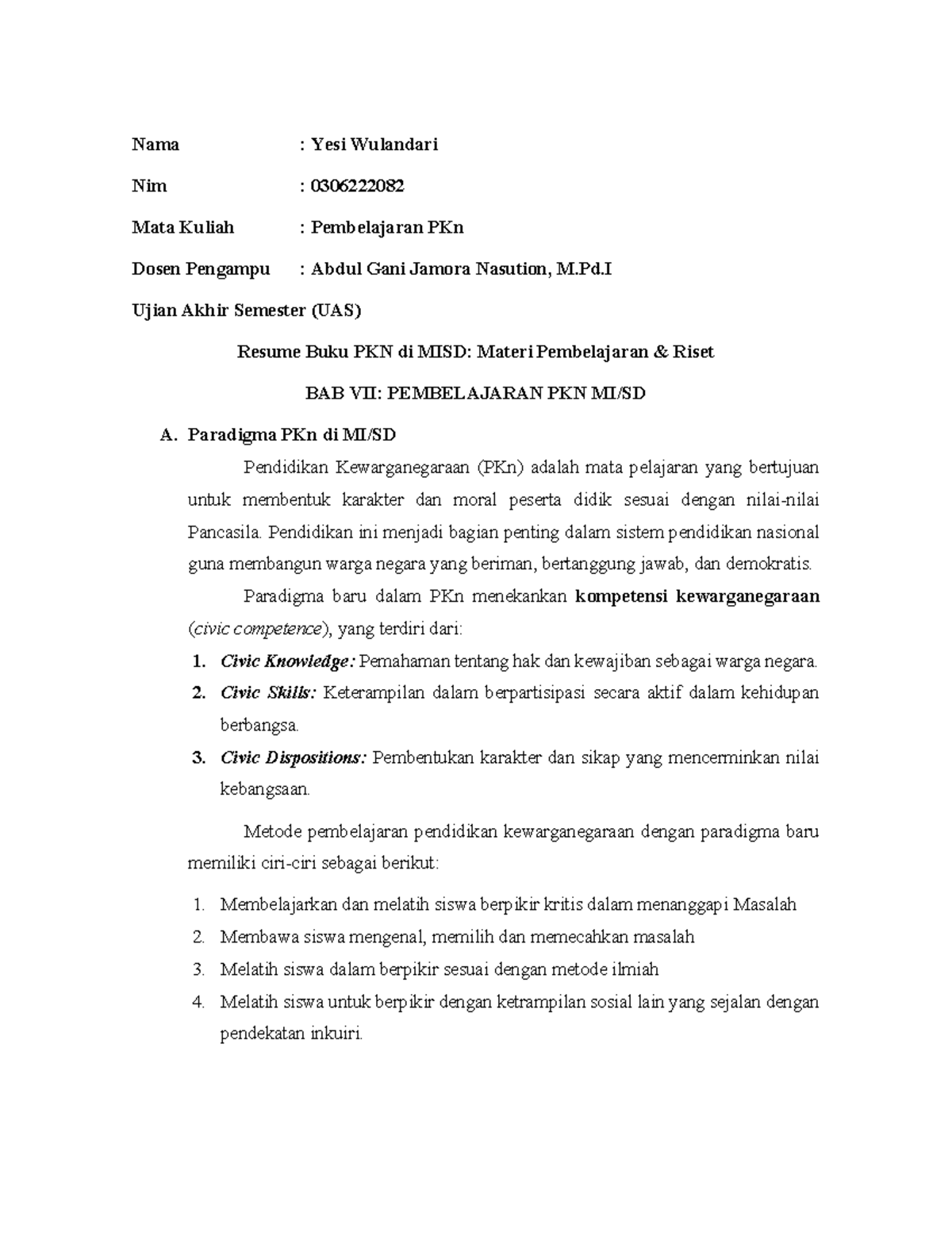 Resume UAS PKN: Pembelajaran Kewarganegaraan dan Metode Inovatif - Studocu