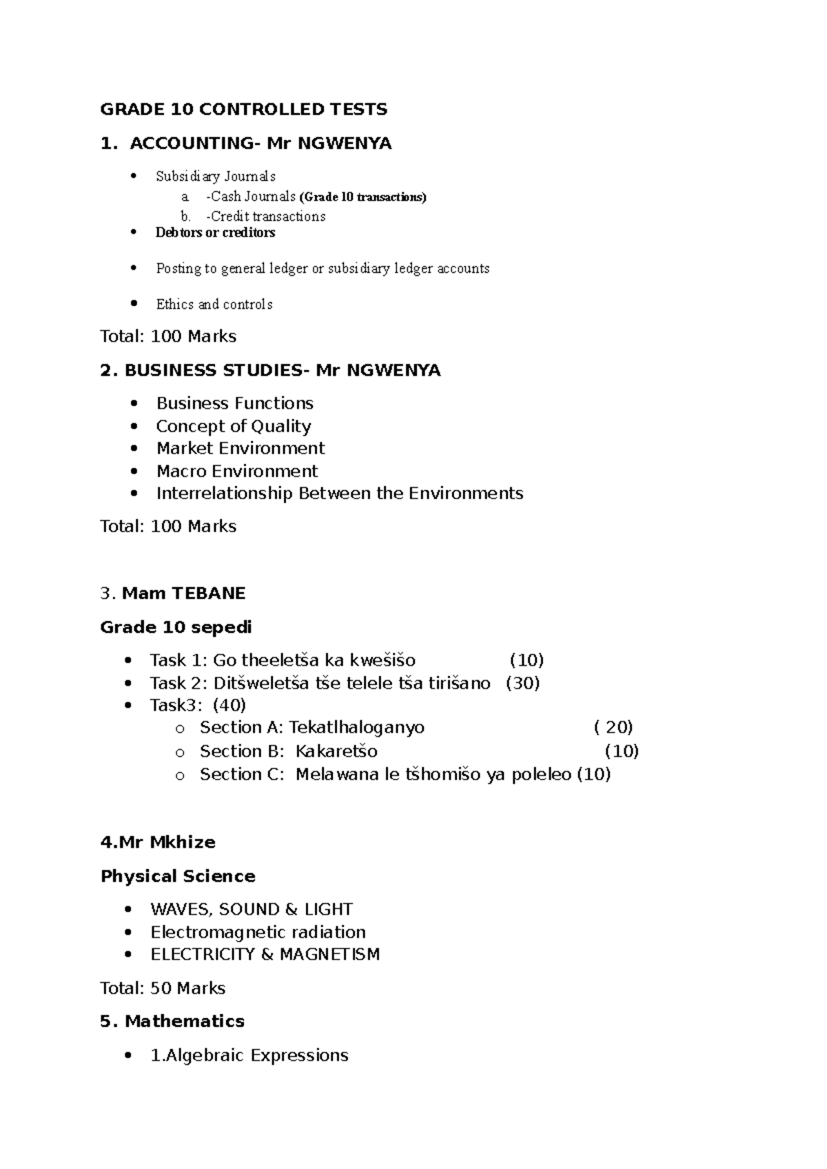 Grade 10 Controlled Tests Overview and Key Topics - Studocu