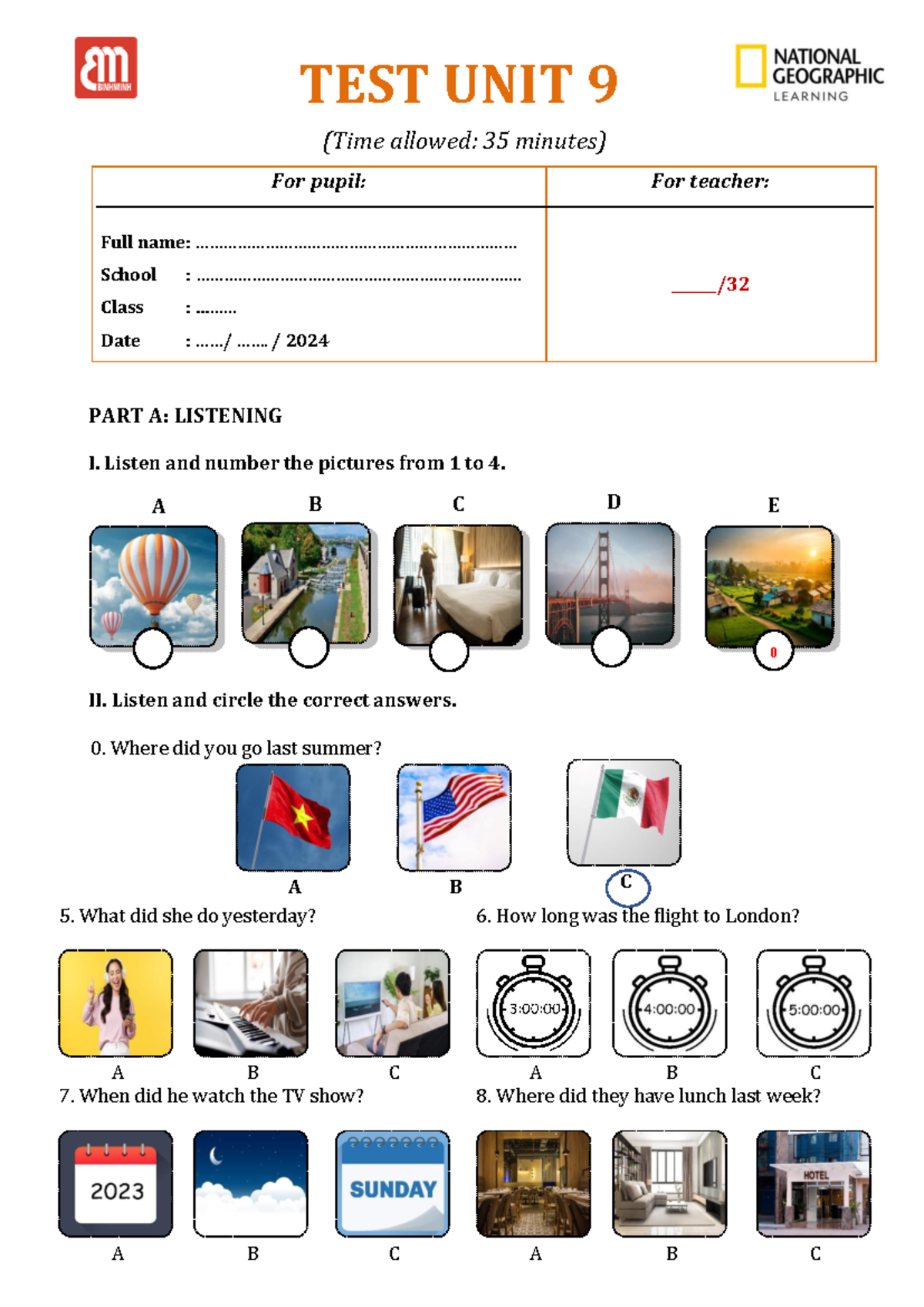 Grade 5 - Unit 9 Test (Listening & Reading) - Studocu