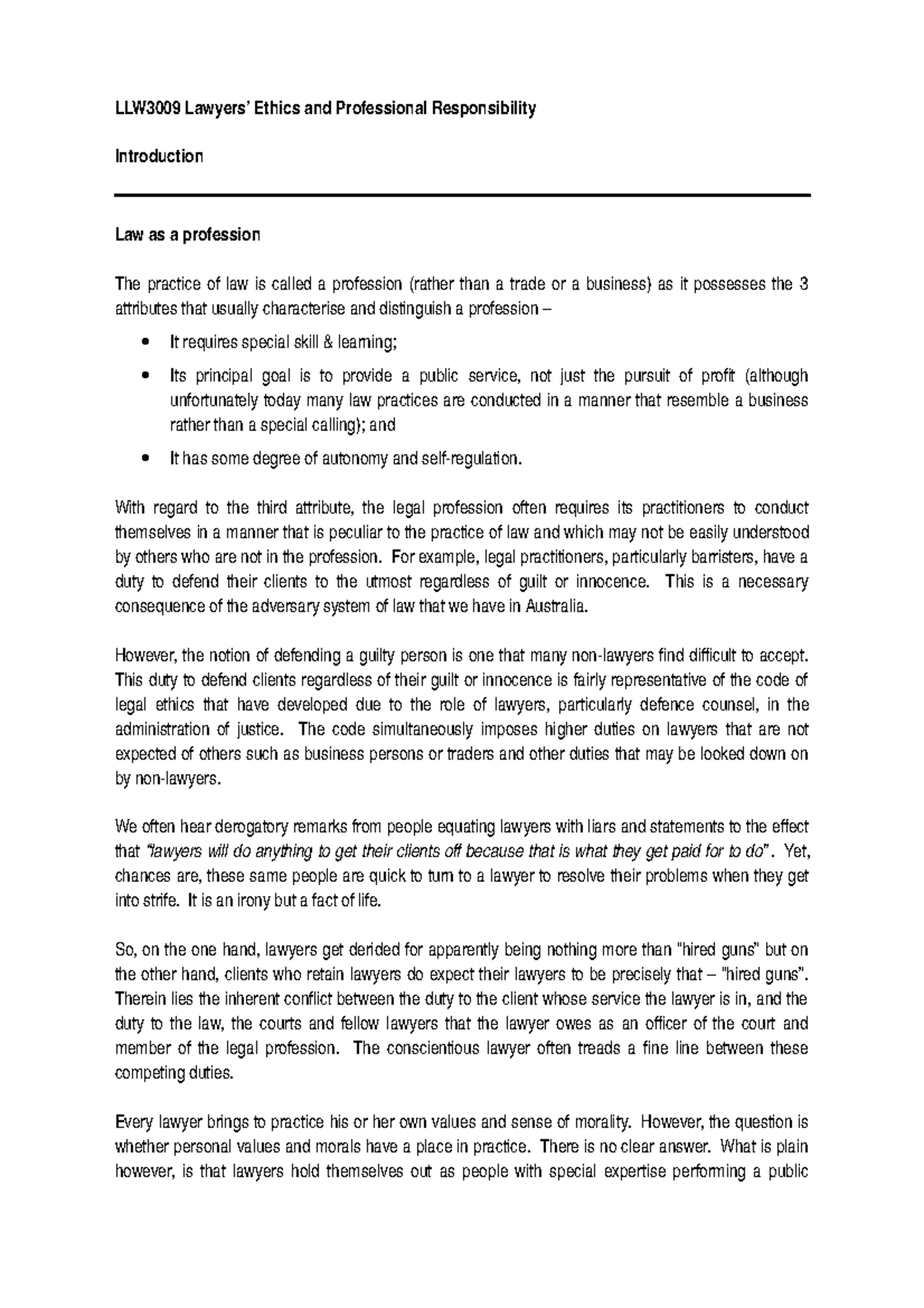 Lawyers Ethics Exam notes - LLW3009 Lawyers’ Ethics and Professional ...