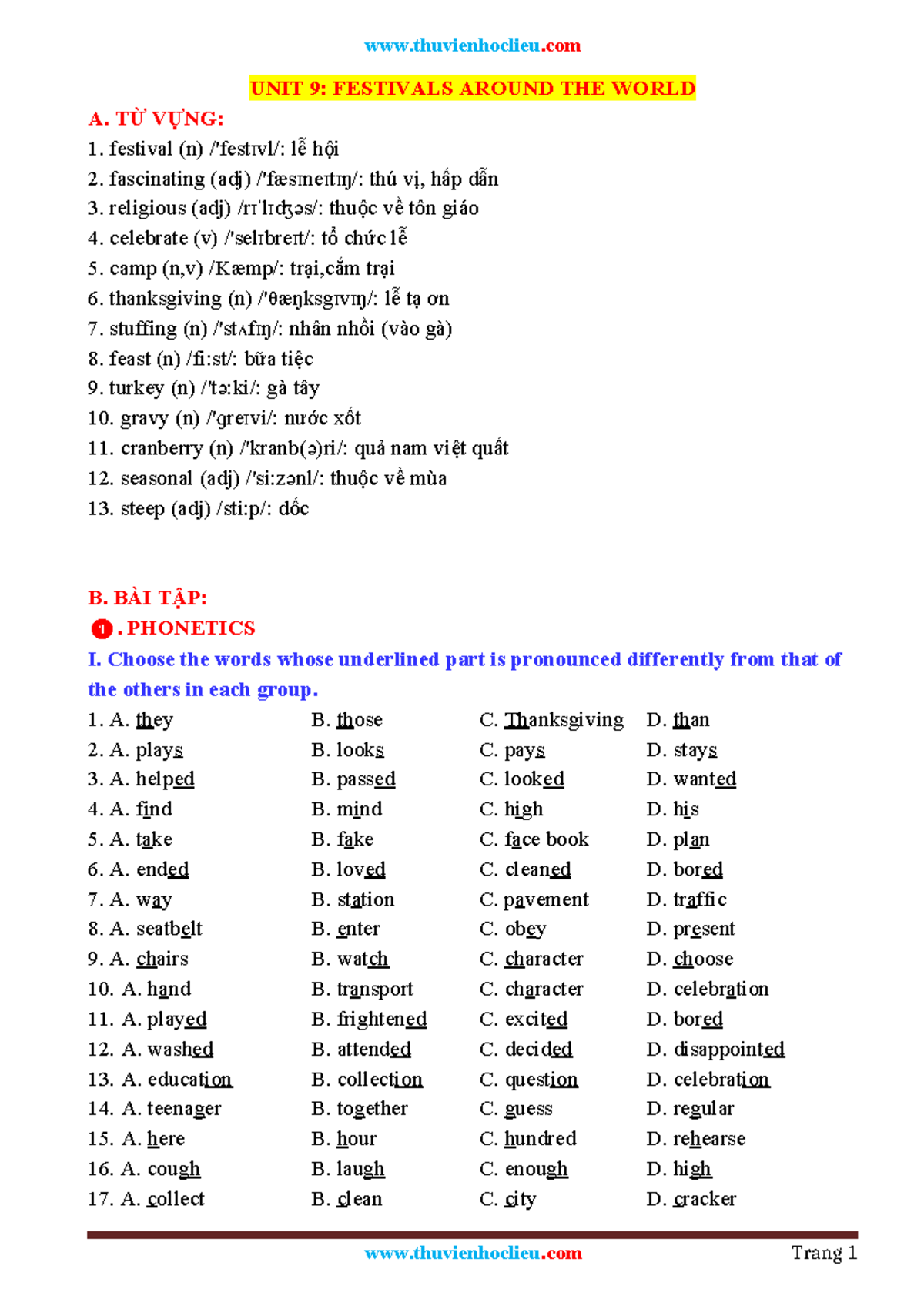 UNIT 9: FESTIVALS AROUND THE WORLD - VOCABULARY & EXERCISES - Studocu