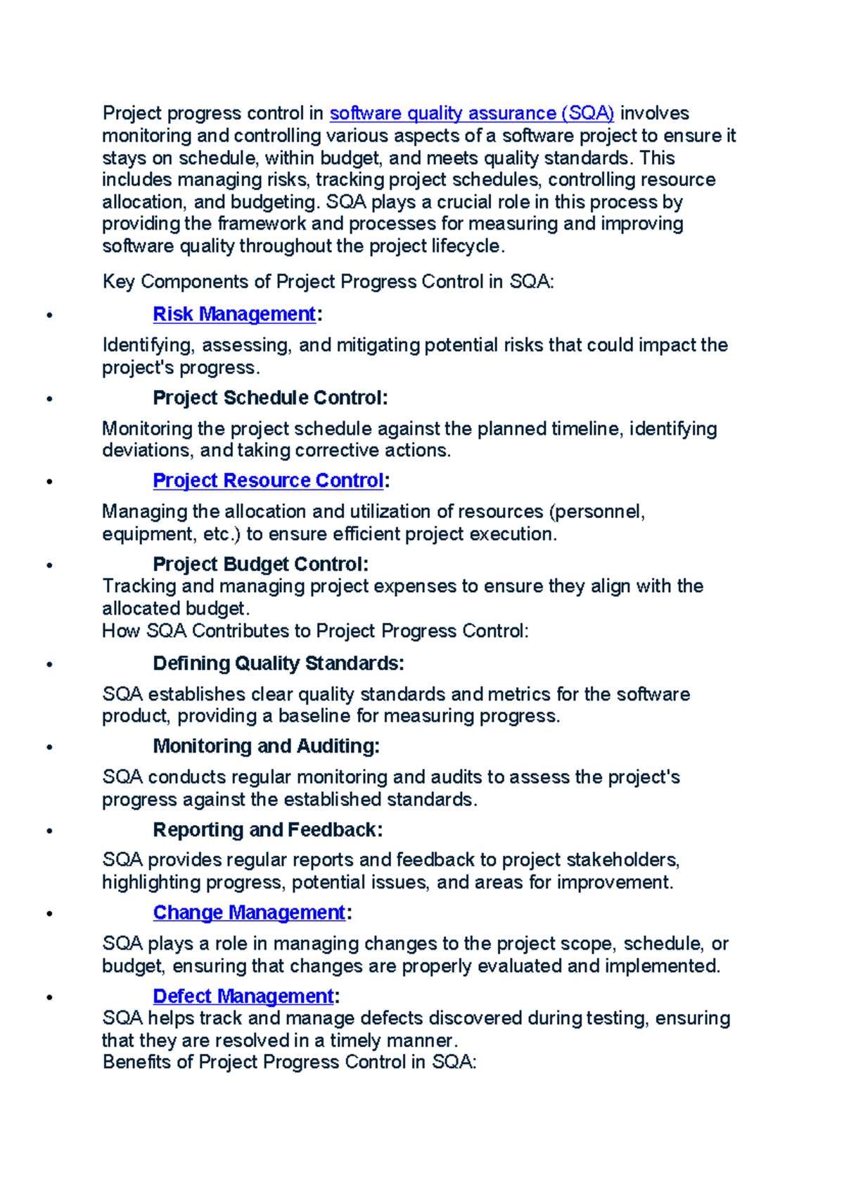 SQA 101: Project Progress Control in Software Quality Assurance - Studocu