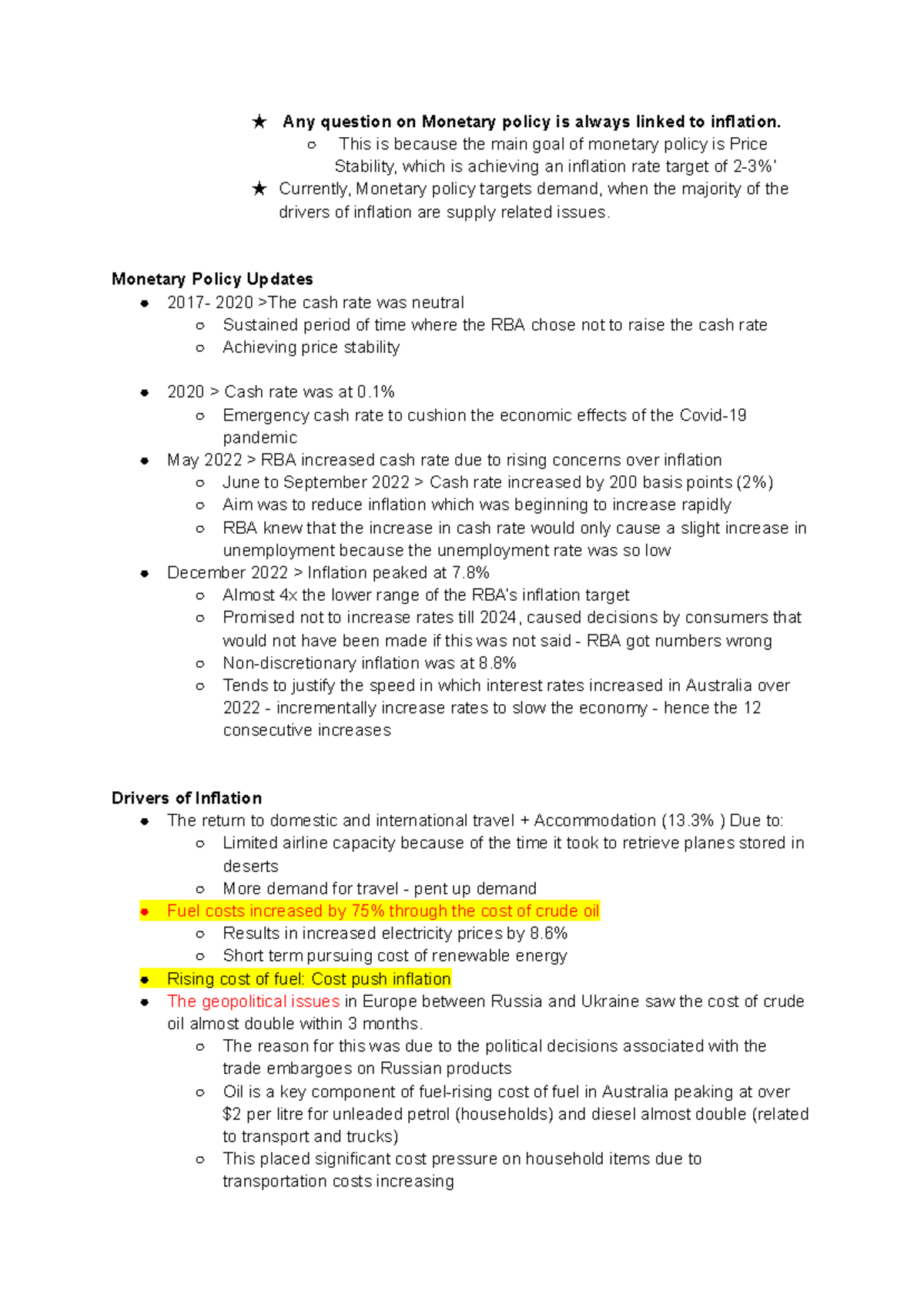 Monetary Policy Insights: Inflation Dynamics and RBA Actions - Studocu