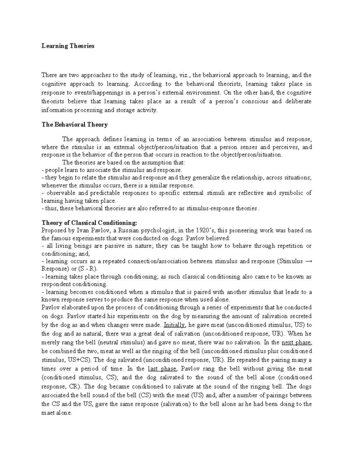 Learning Theories: Behavioral and Cognitive Approaches Overview - Studocu