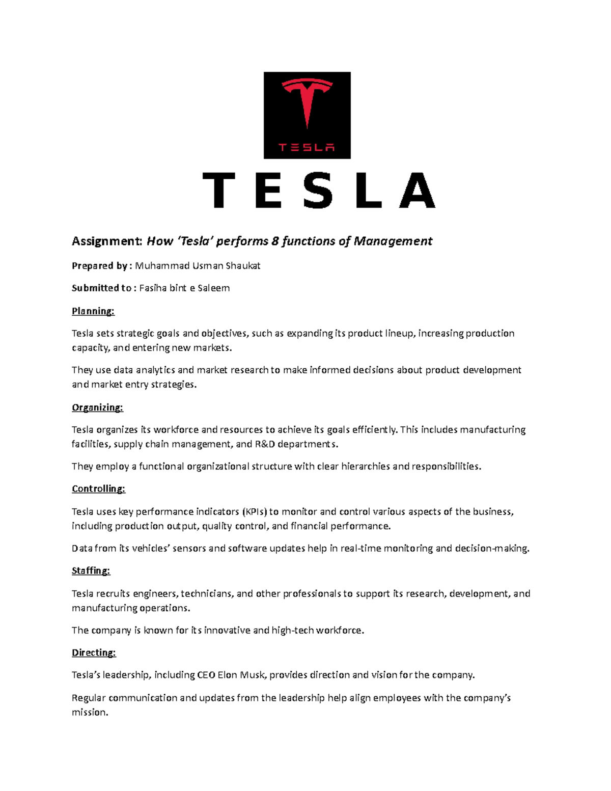 TESLA MGMT Functions: Planning, Organizing, Controlling & More - Studocu