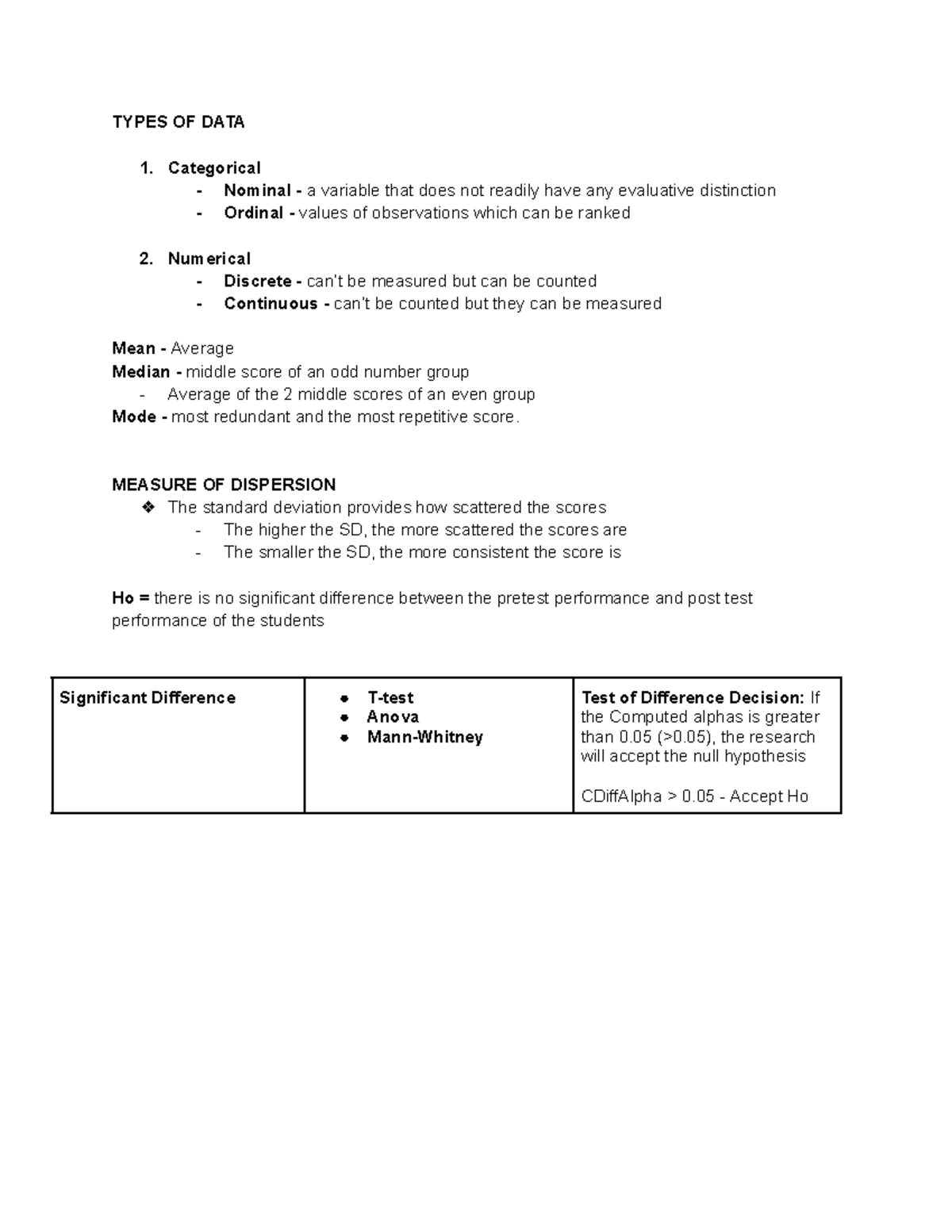 Statistics - Reviewer - TYPES OF DATA Categorical Nominal - a variable ...