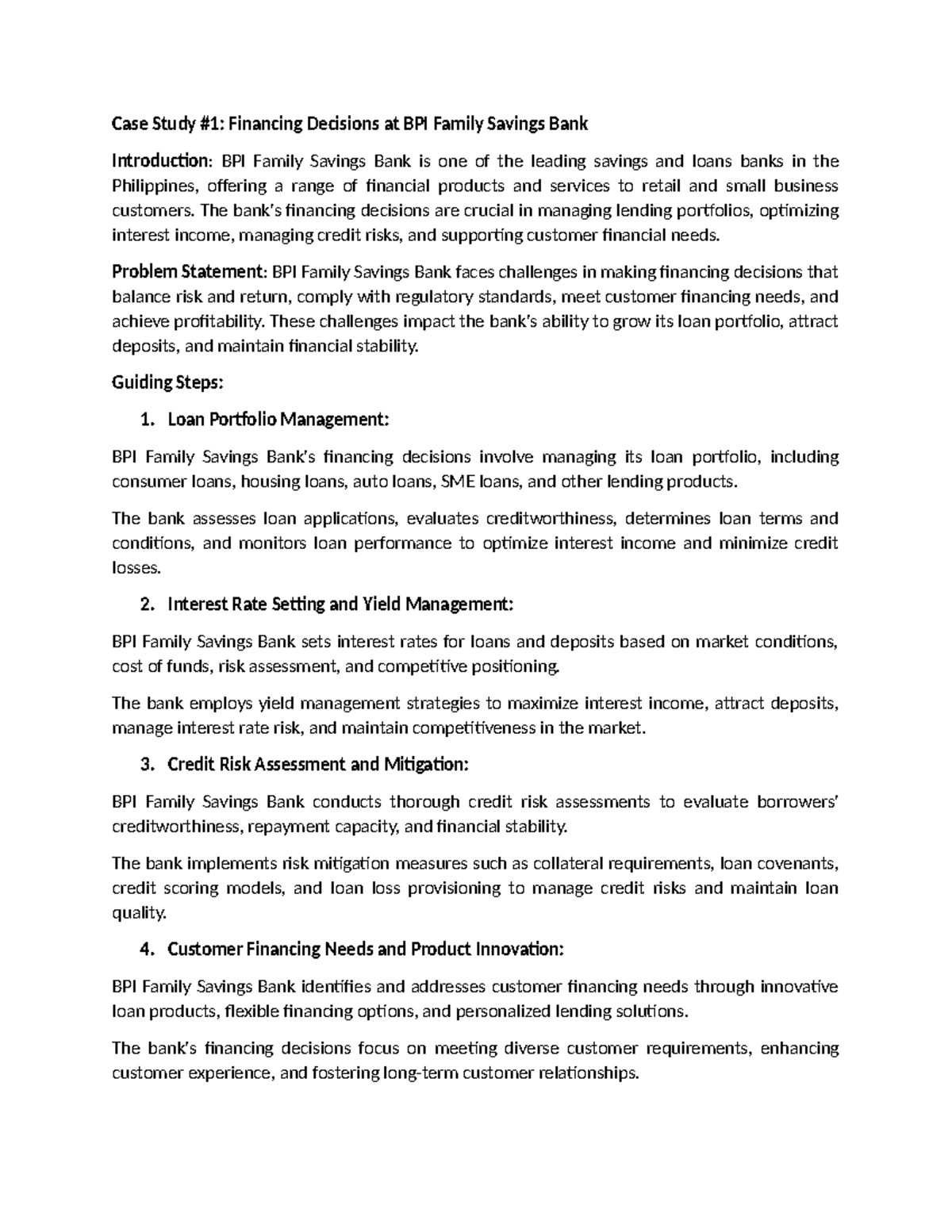 Case Study - Financing Decisions at BPI Family Savings Bank - Studocu
