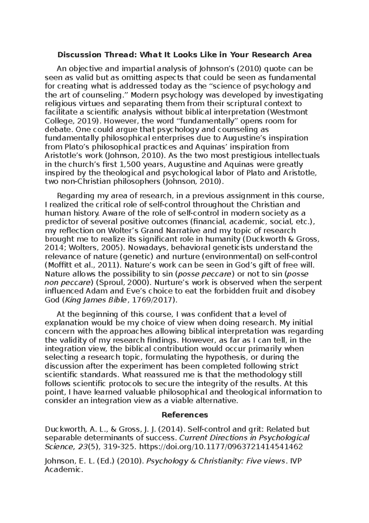 PSYC710 Week 7 Discussion Post: Exploring Self-Control in Research ...