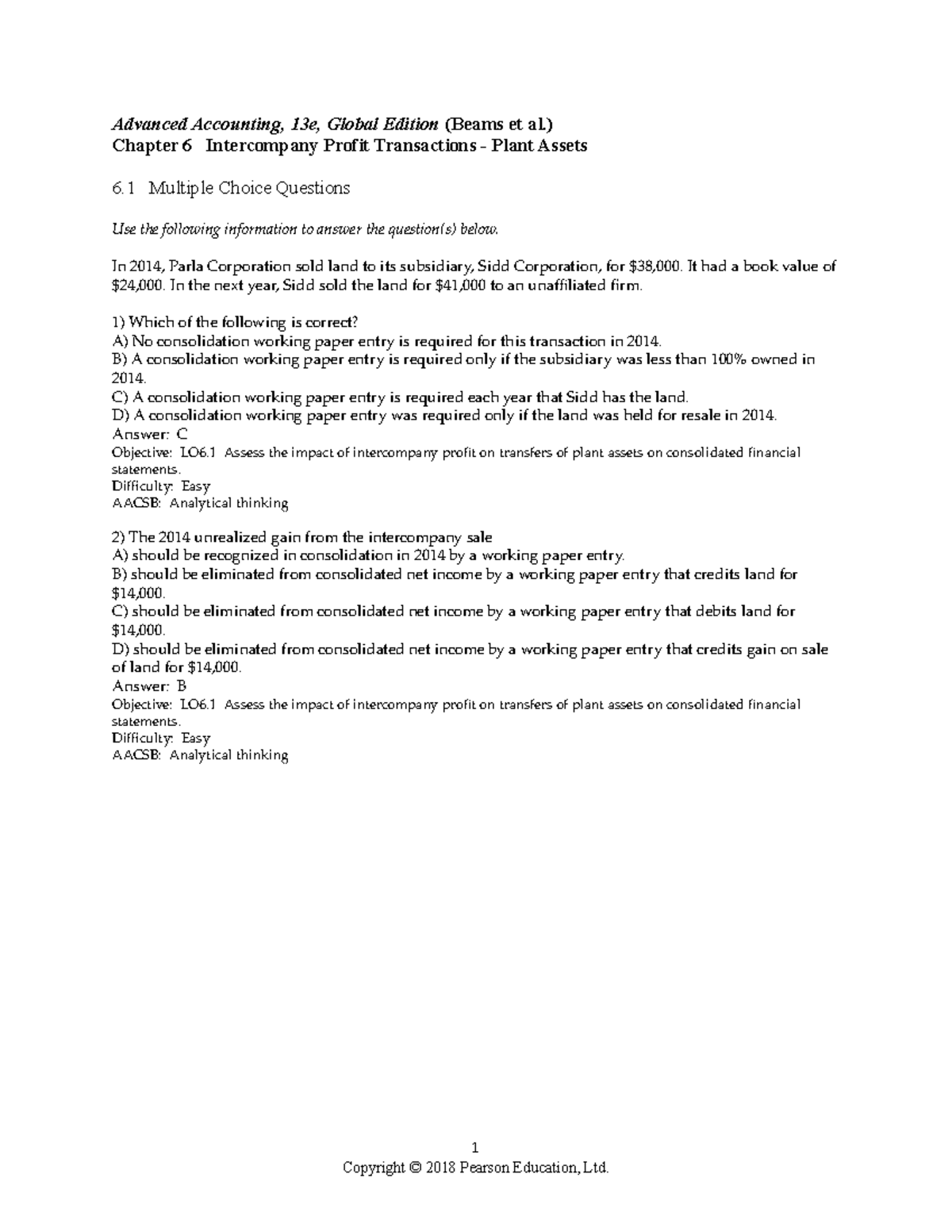 Test Bank for Advanced Accounting (Beams aa13e tb 06) - Chapter 6 Insights - Document Preview