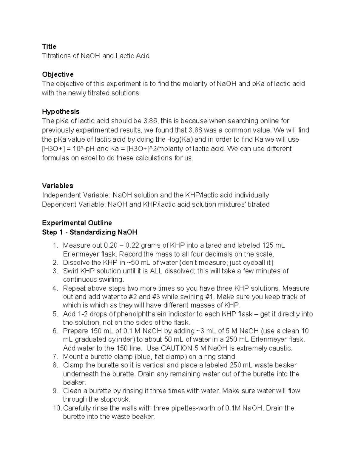 Experiment 18A Lab Report: Titration of NaOH and Lactic Acid - Studocu