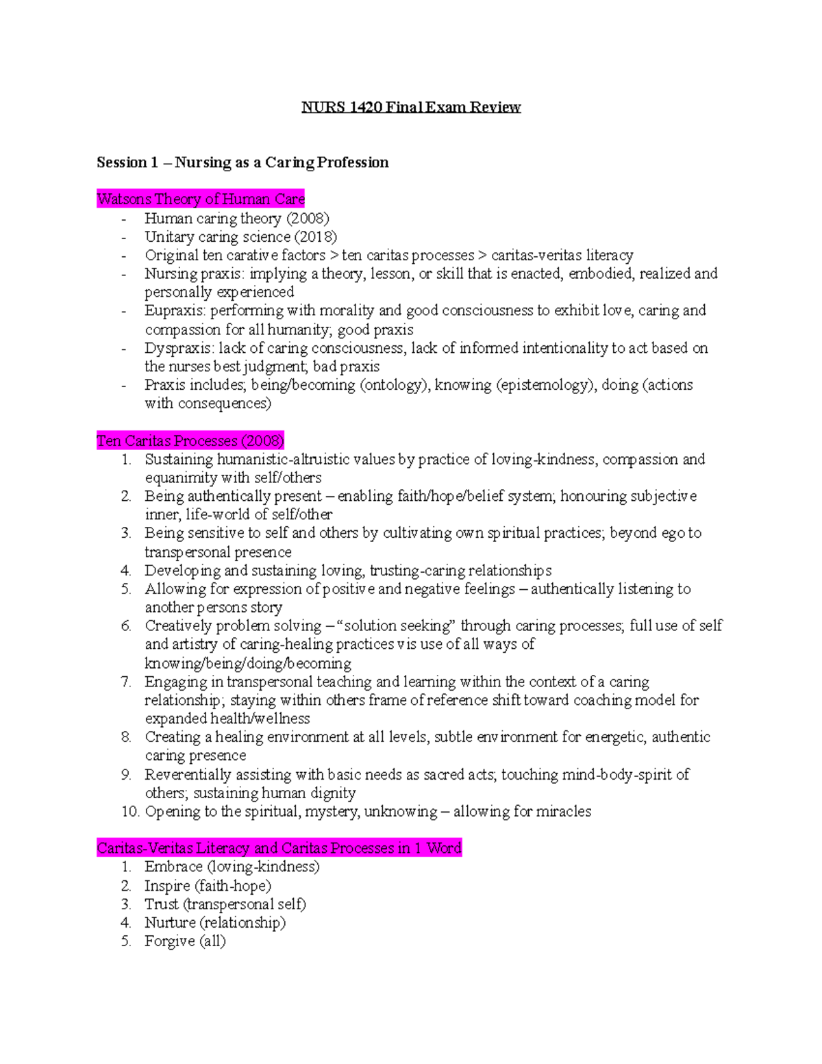 NURS 1420 Final Exam Study Guide: Key Concepts & Caring Practices - Studocu