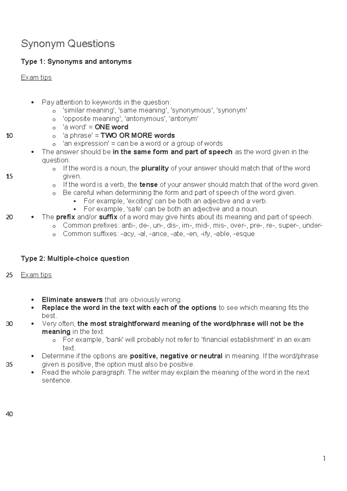 Synonym Questions Type 1: Exam Tips for Synonyms and Antonyms - Studocu