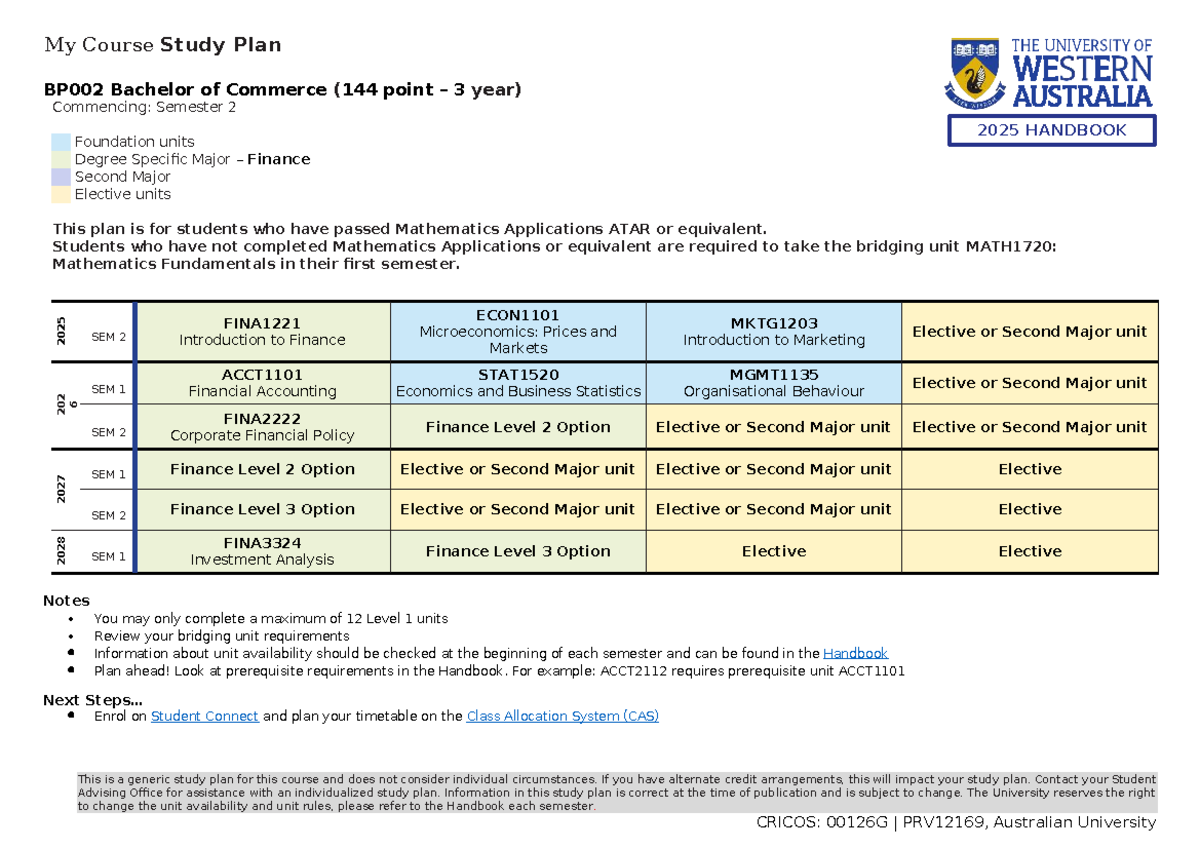 BP002 Bachelor of Commerce Study Plan - Finance Major 2025 - Studocu