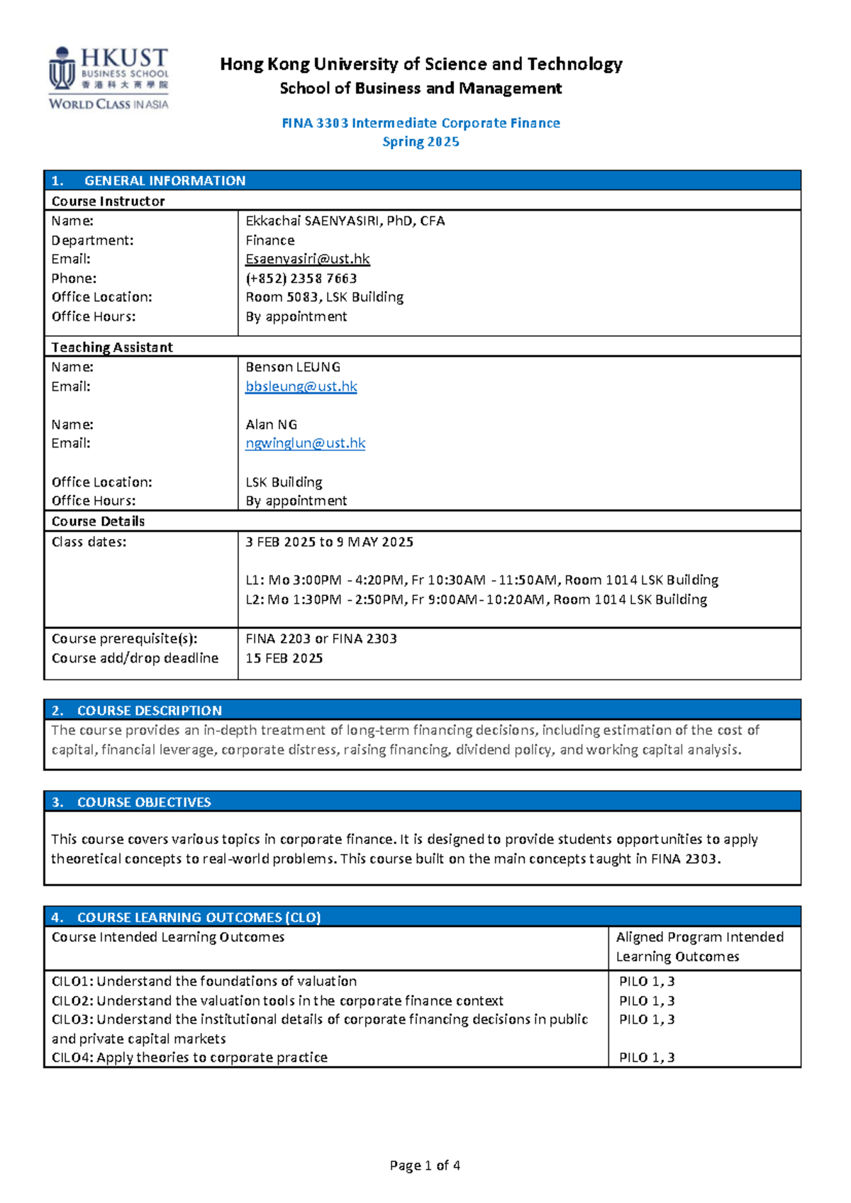 FINA 3303 Syllabus & Course Schedule for Spring 2025 - Studocu