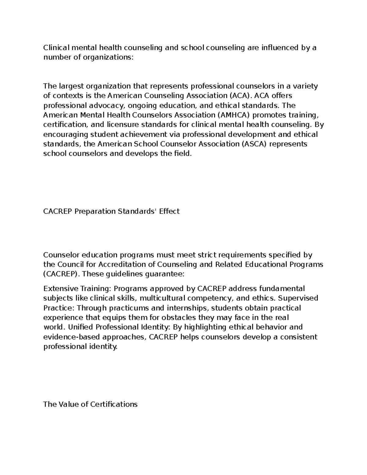 DQ - The Role of ACA, AMHCA, and ASCA in Counseling Standards - Studocu