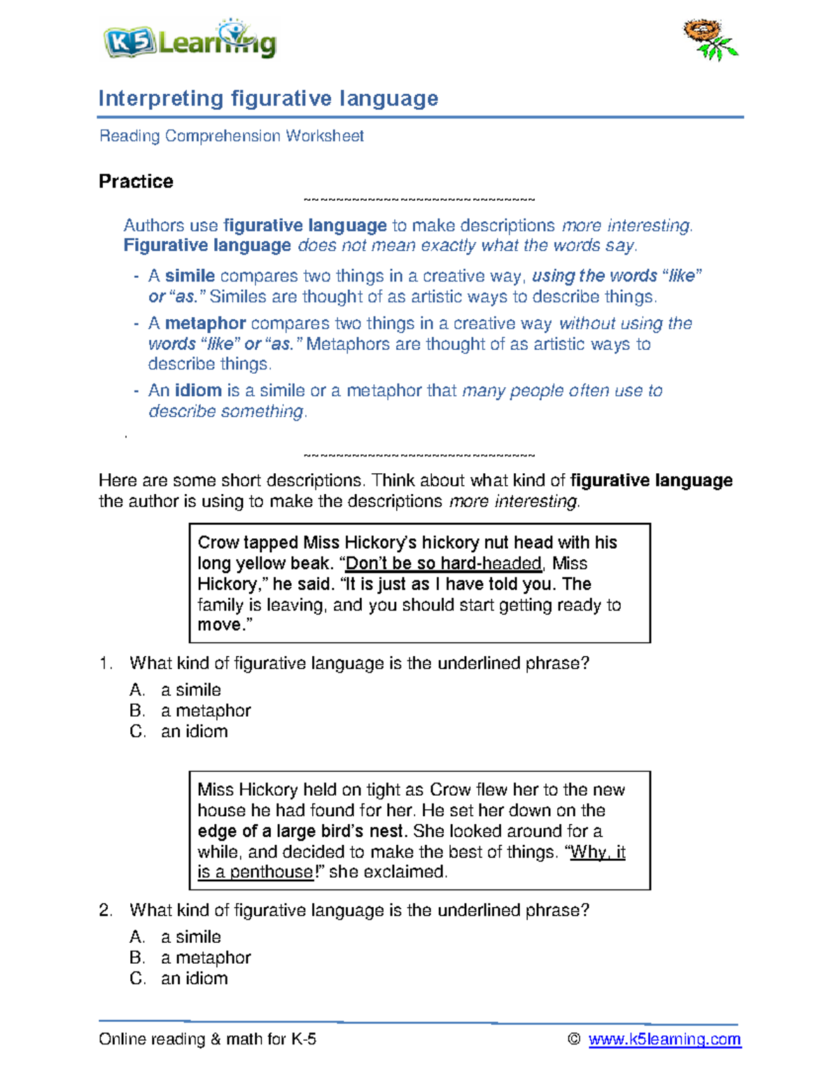 Figurative Language Practice Worksheet - Reading Comprehension - Studocu