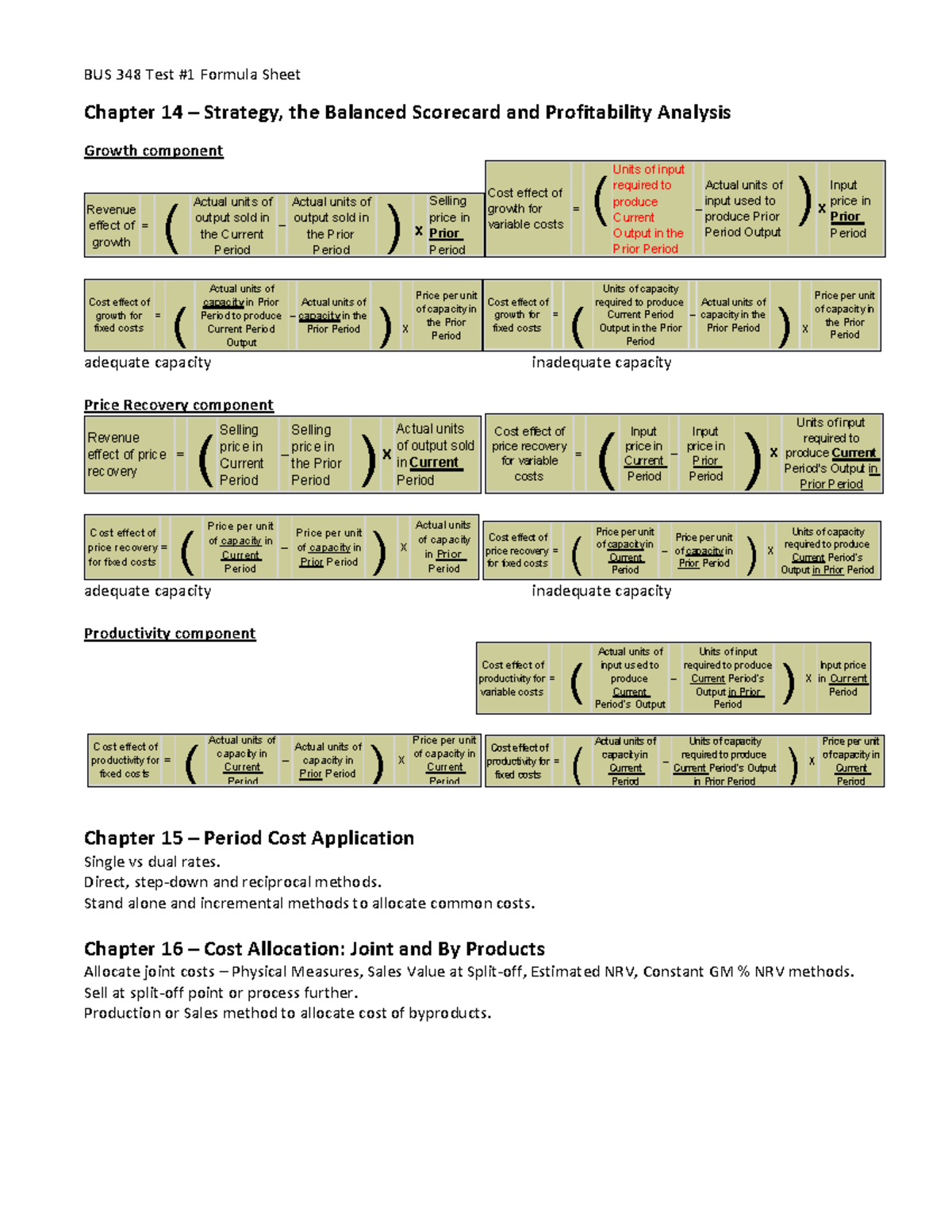 BUS 348 Test #1 Formula Sheet: Strategy, Scorecard & Cost Analysis ...
