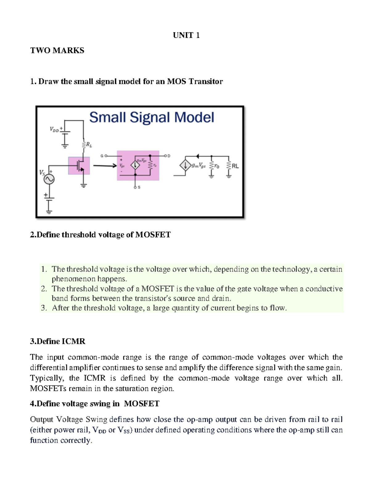 AIC - Aic two marks - UNIT 1 TWO MARKS Draw the small signal model for ...