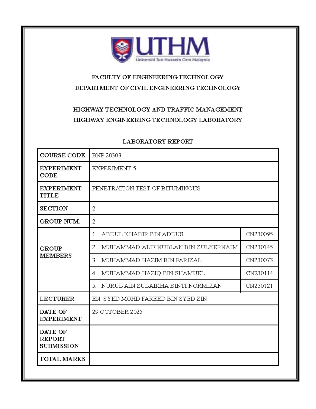BNP 20303 Lab Report: Penetration Test of Bituminous Materials - Studocu