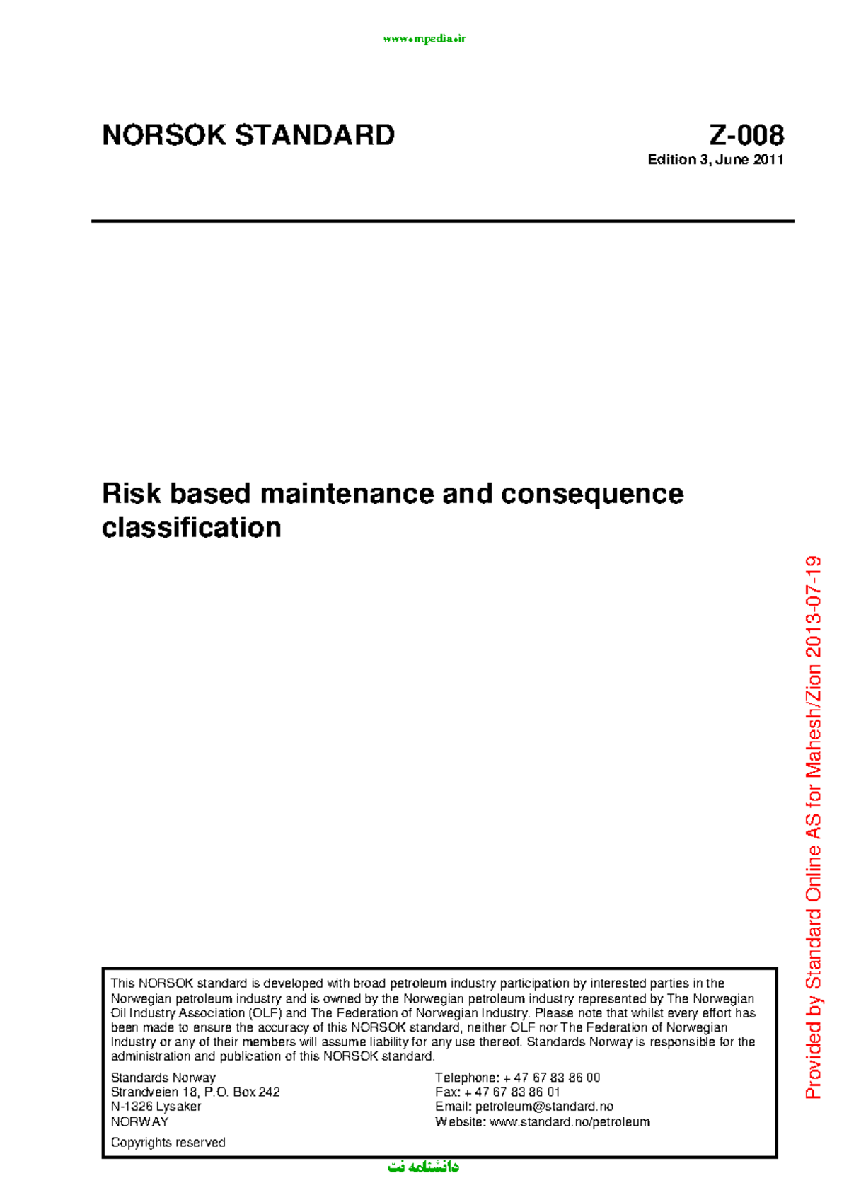 NORSOK Standard Z-008: Risk Based Maintenance & Consequence ...