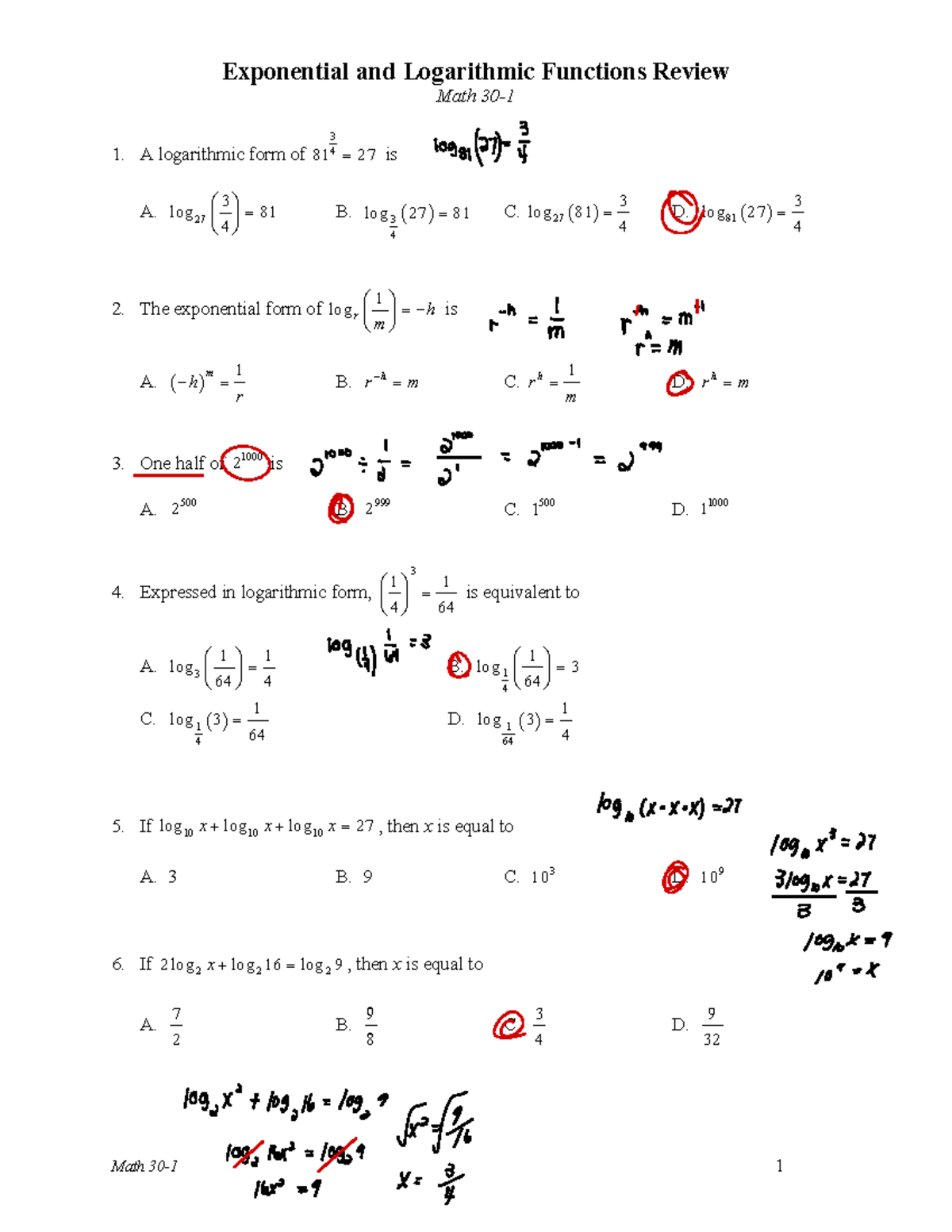 Math 30-1 Exponents and Logarithmic Functions Final Exam Review - Studocu