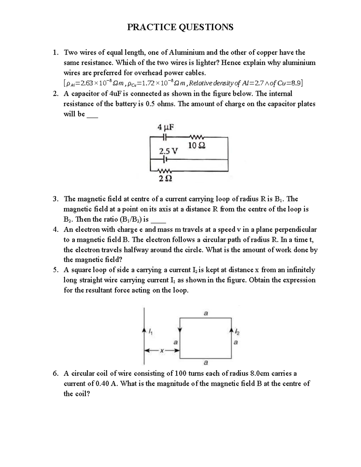 Practice Questions for Physics 101: Resistance, Capacitors, and ...