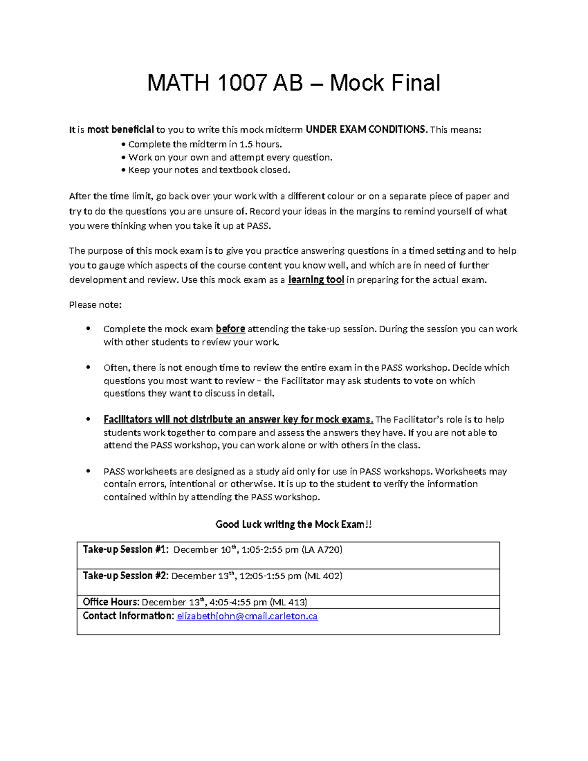 MATH 1007 AB - Mock Final Exam Practice Questions and Guidelines - Studocu