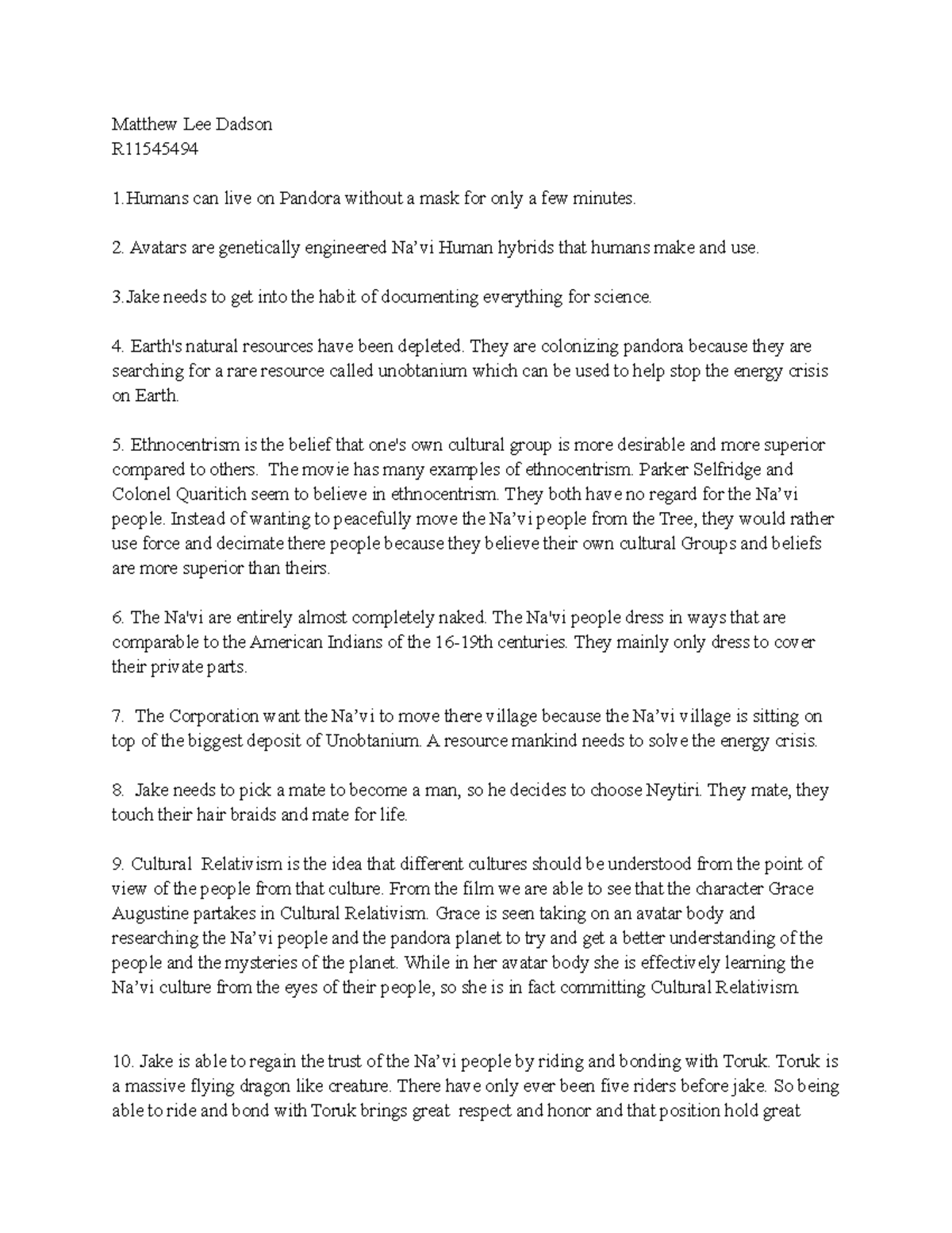 Avatar - Key Questions and Themes in the Movie - Studocu