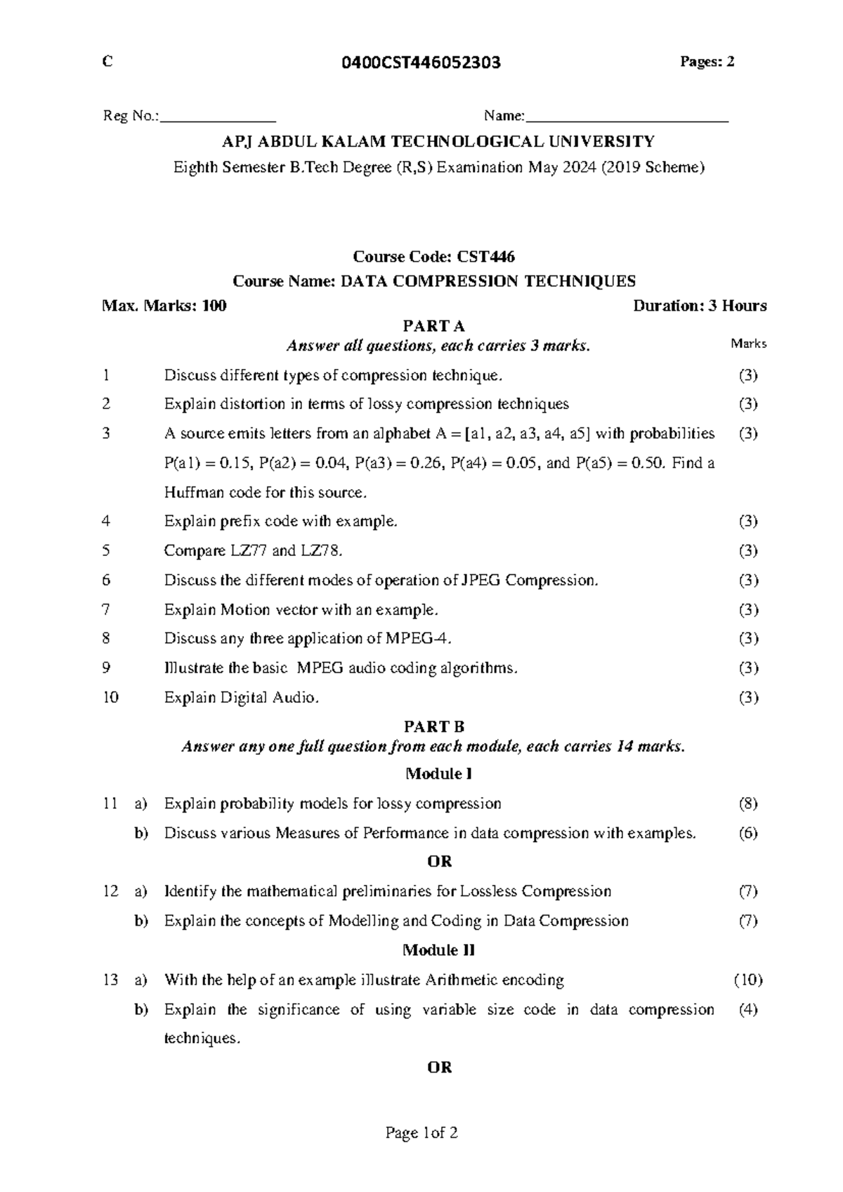 CST446 May 2024 Data Compression Techniques Exam Paper - Studocu