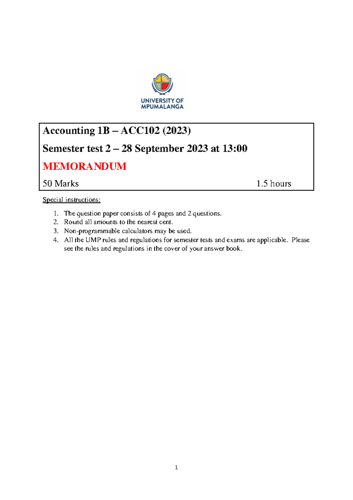 ACC102 Semester Test 2 (2023) – Official Memorandum and Solutions - Studocu