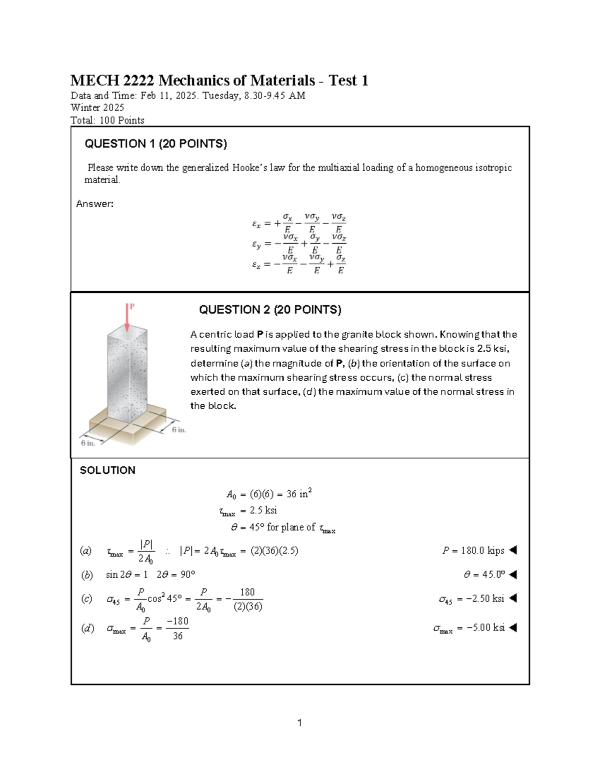 MECH Mechanics of Materials Test 1 - Winter 2025 Exam Notes - Studocu