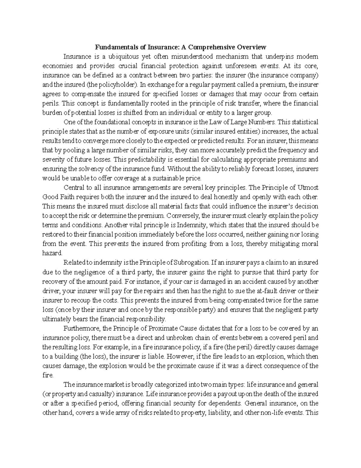 Fundamentals of Insurance: Key Concepts and Principles ST - Studocu