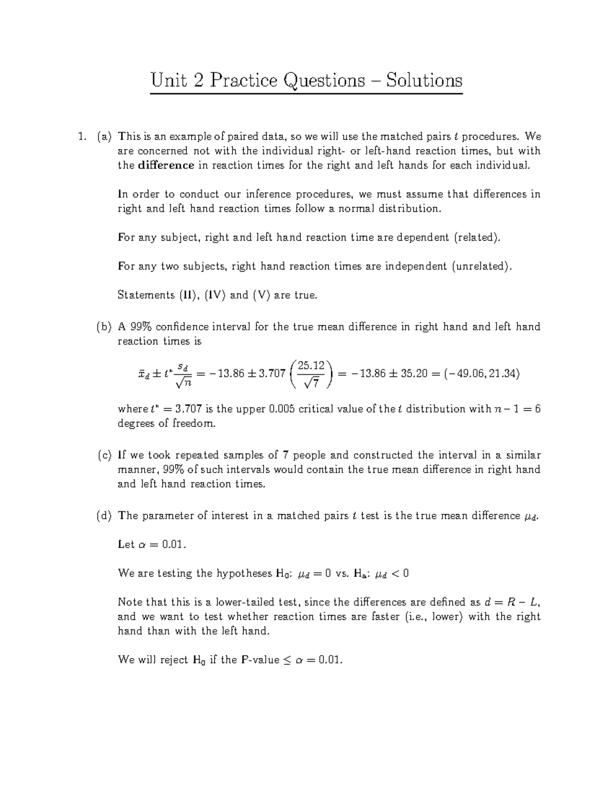 STATS 2000 Unit 2 Practice Questions and Solutions - Studocu