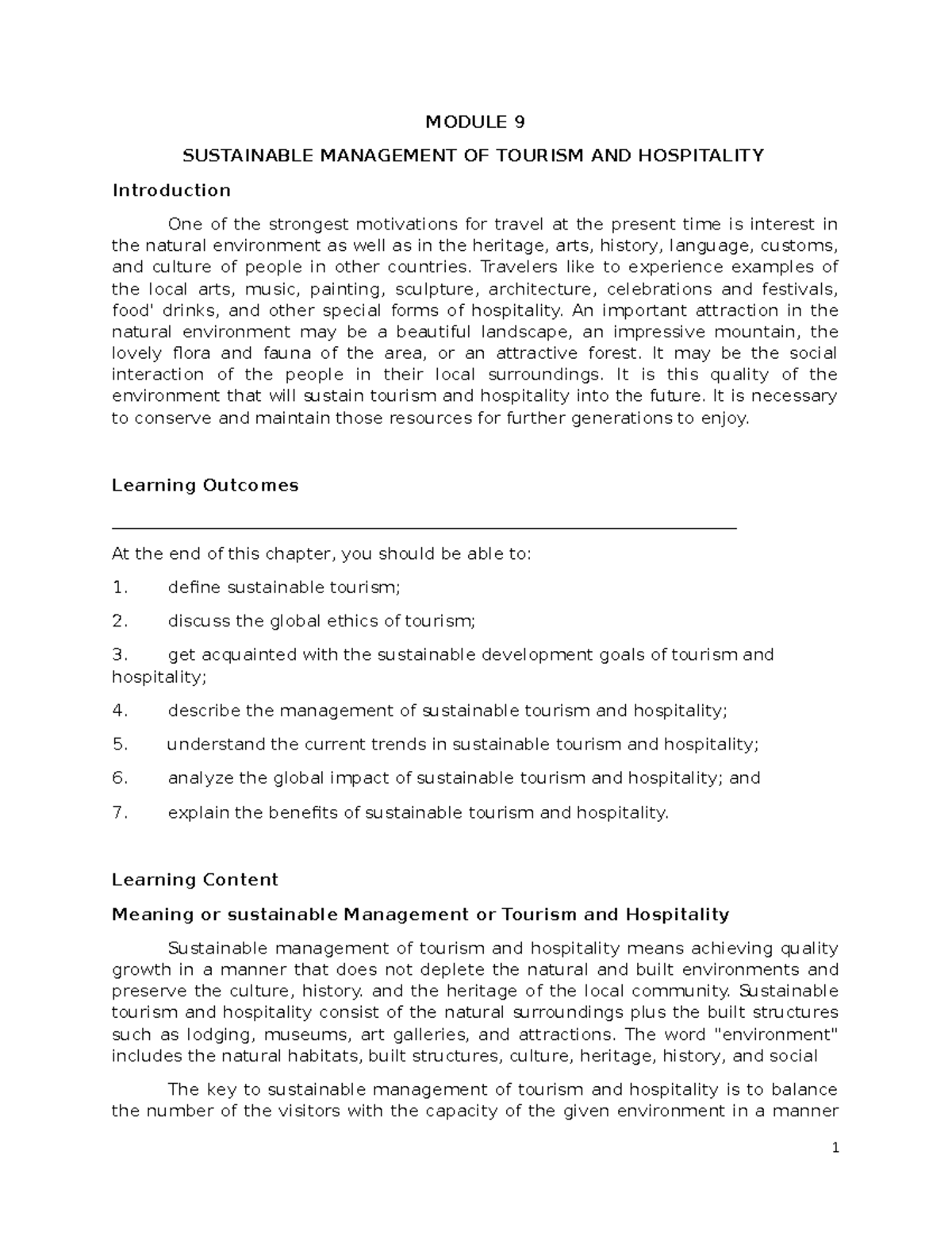 HM 111 Module 9 - Sustainable Management in Tourism & Hospitality - Studocu