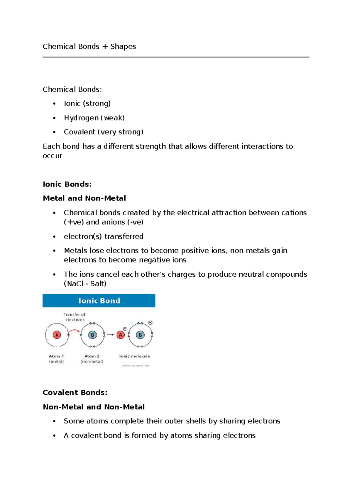 Chemical Bonds - Week 2 - Chemical Bonds + Shapes Chemical Bonds: Ionic ...
