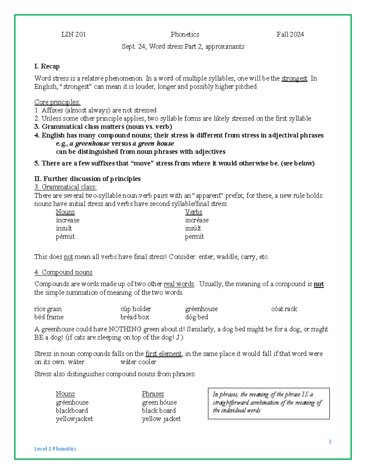 Level 1 Phonetics Notes for LIN 201 - Word Stress and Approximants - 1 ...