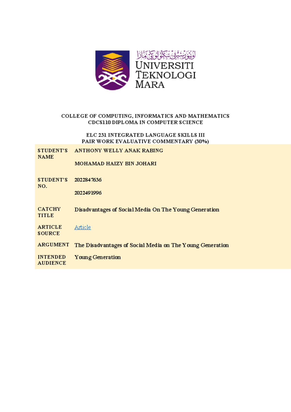Evaluative Essay ELC231 - COLLEGE OF COMPUTING, INFORMATICS AND ...