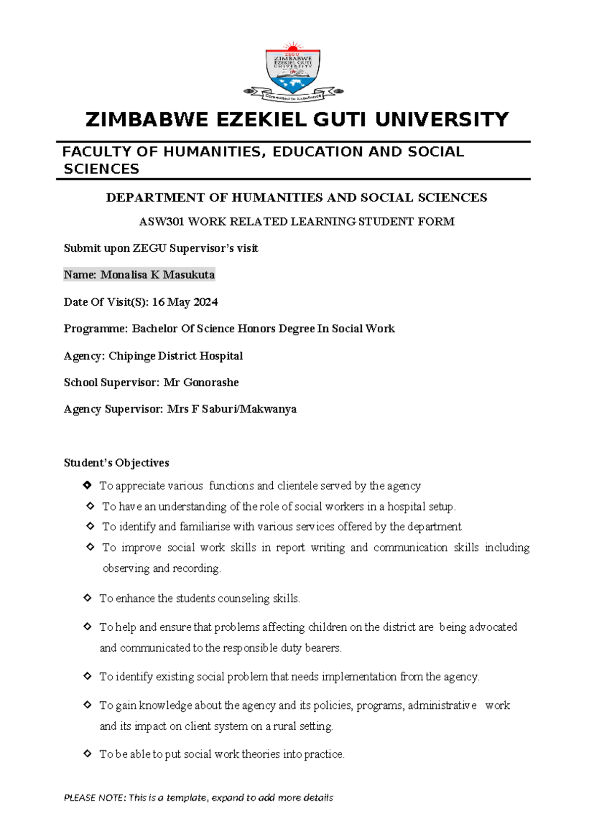 ASW301 Work Related Learning Report for Monalisa K Masukuta - Studocu